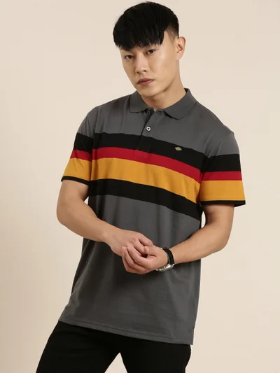 Joven Dark Grey Striped Polo T-Shirt for Men